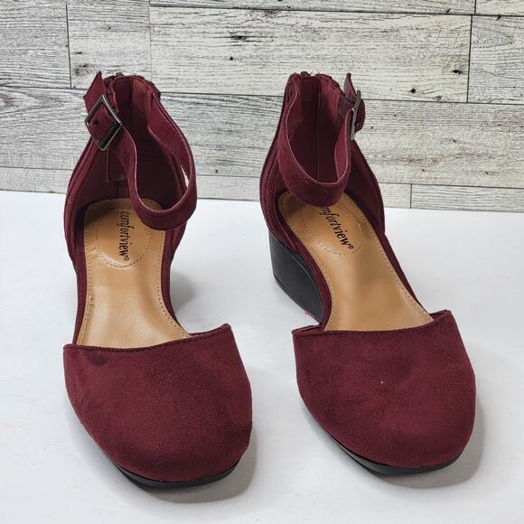 Aurelia Comfortview 7W Shoes Burgundy Ankle Strap Wedge Heel Close Toe Dressy - Picture 1 of 13
